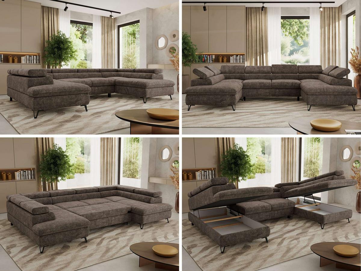 WOHNLANDSCHAFT PABLO U Schenille grob gewebt Braun mit Topper T25 - Schwarz/Braun, Textil/Metall (346/76/208cm) - MKS