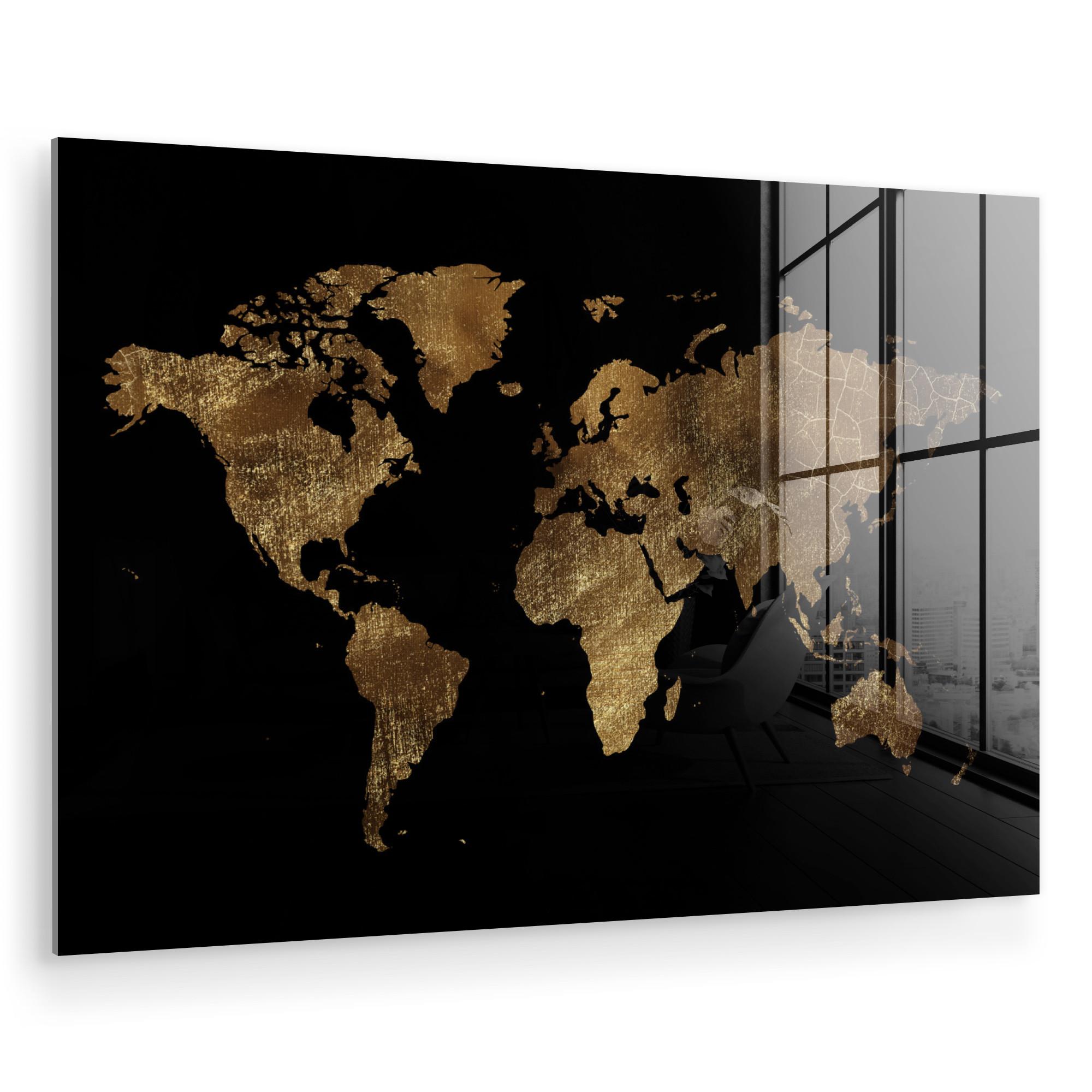 ACRYLGLASBILD Weltkarte - Gold - Luxus - Erde - Schwarz Room Decor 90x60 cm - Goldfarben, Glas (90/60cm) - MuchoWow