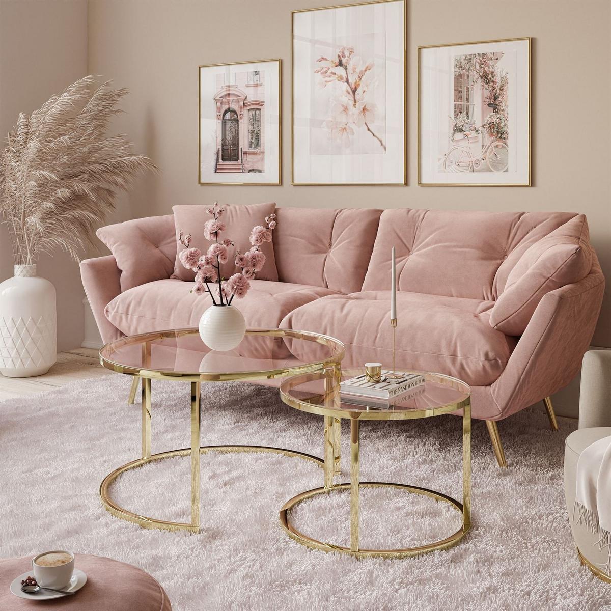 COUCHTISCH CIRI GLASS 2-in-1 CHROME gold - Transparent/Goldfarben, Glas (70/70/47cm) - Lookway