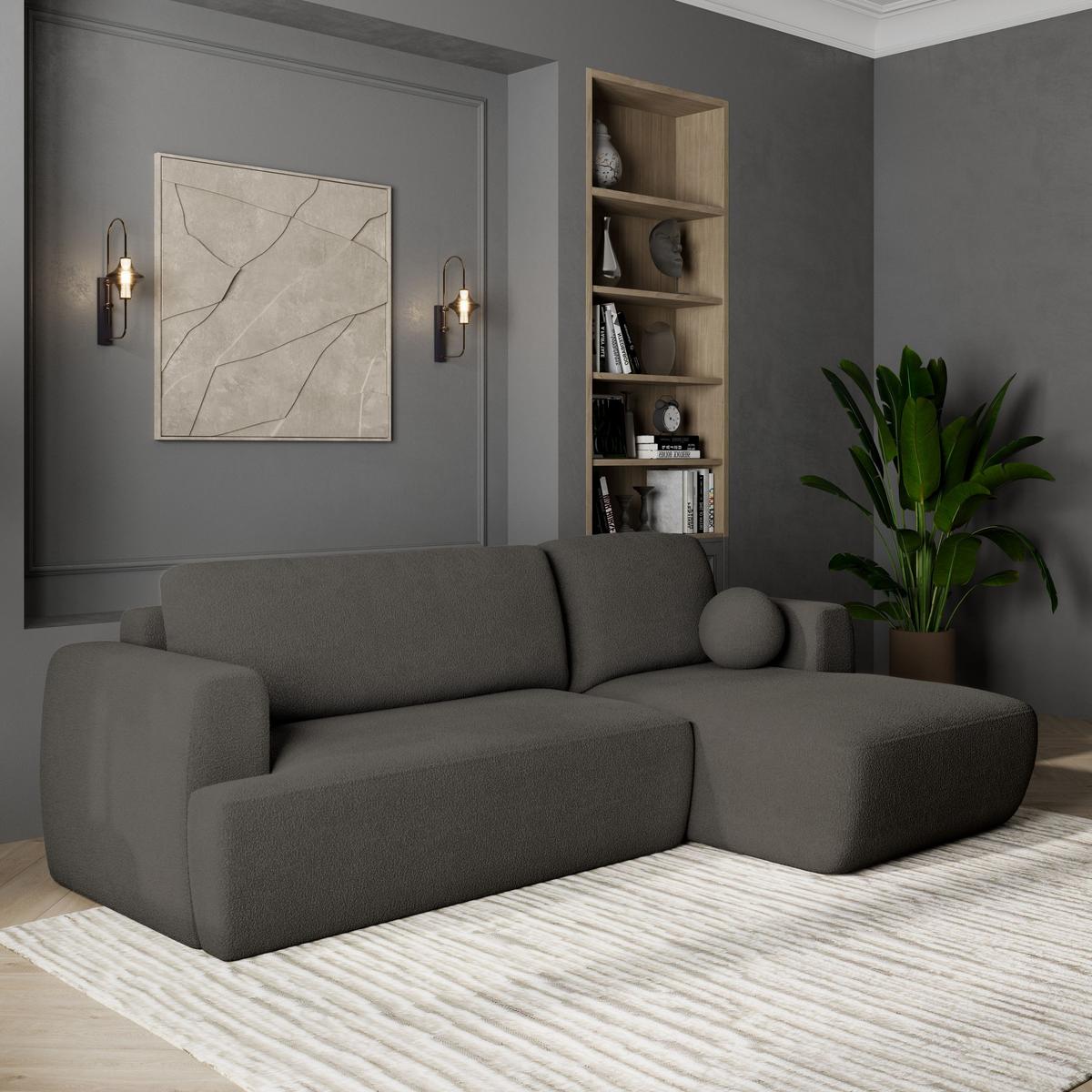 ECKSOFA SENTI N R-S Grau Boucle-Stoff mit Schlaffunktion - Schwarz/Grau, Holz/Kunststoff (246/148cm) - MASSENO