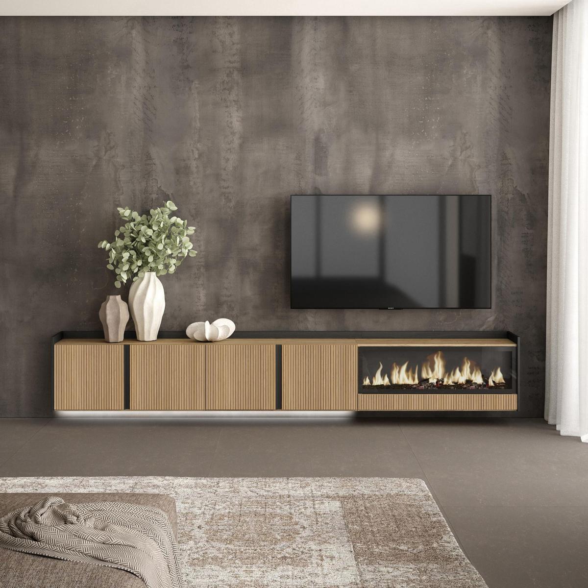 LOWBOARD, Eiche und Schwarz, 315/35/50cm, Elektrokamin XXL, Hängend, Led - Eichefarben, Holzwerkstoff (315/50/35cm) - Skraut Home