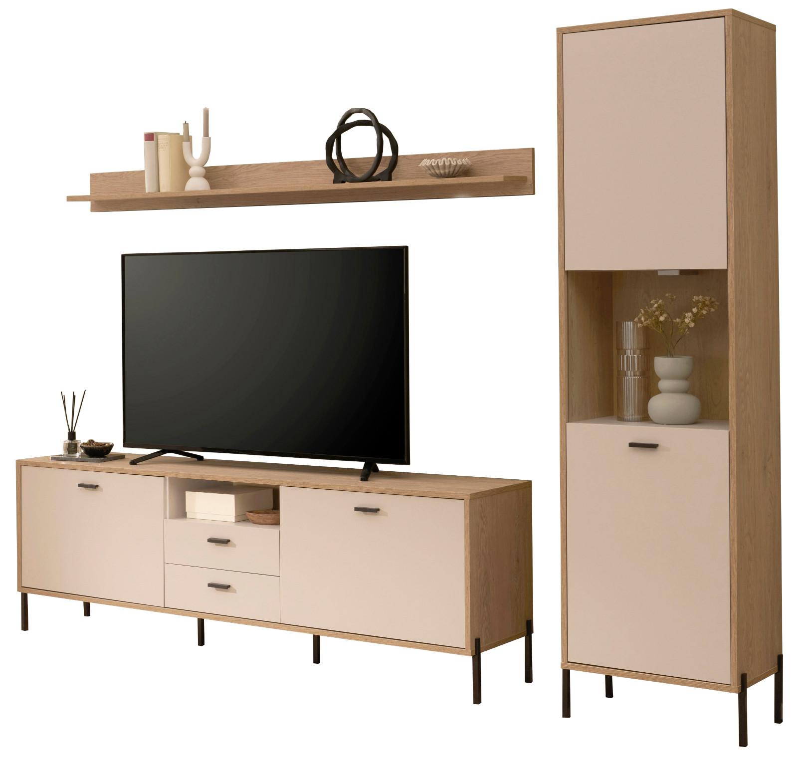 WOHNWAND Kaschmir, Eiche 259 cm 3-teilig, Wohnkombination mit Soft-Close - Kaschmir/Eichefarben, Glas/Holzwerkstoff (259/204/40cm) - Furn.Design
