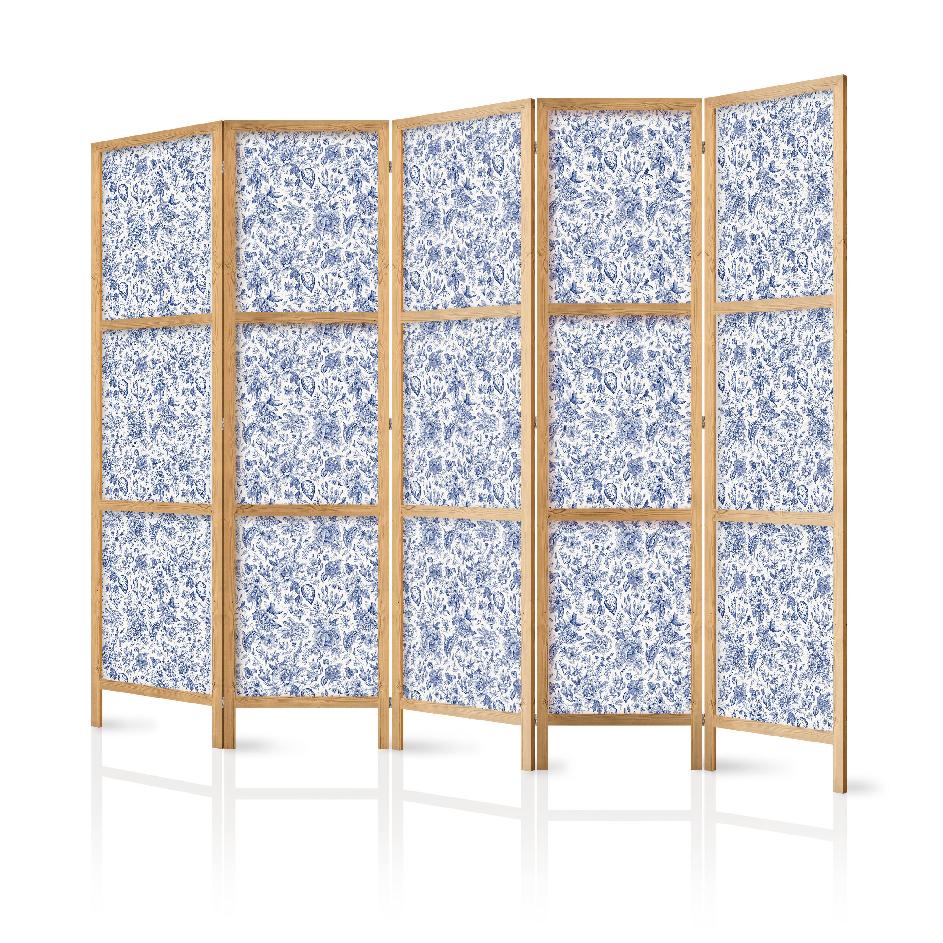 PARAVENT Japanischer 5-tlg 225x172 cm Blaue Blumen - Blau, Holz/Textil (225/172/3cm) - Muralo