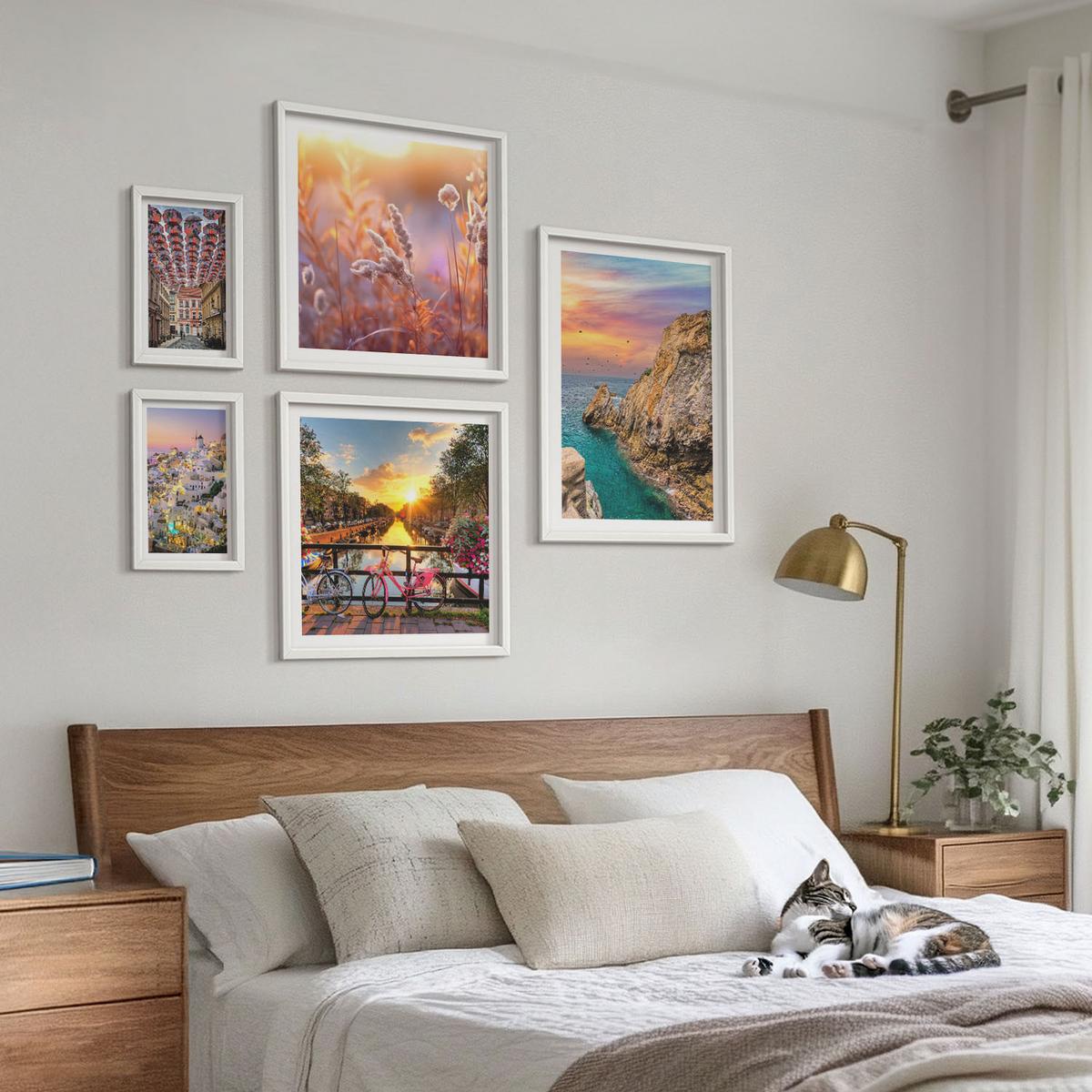 BILDER SET 5er Set - 50x50 cm & 20x30 cm & 40x60 cm Weißer Rahmen - Sonnenuntergänge am Meer - Weiß, Kunststoff (40/60cm) - TULUP