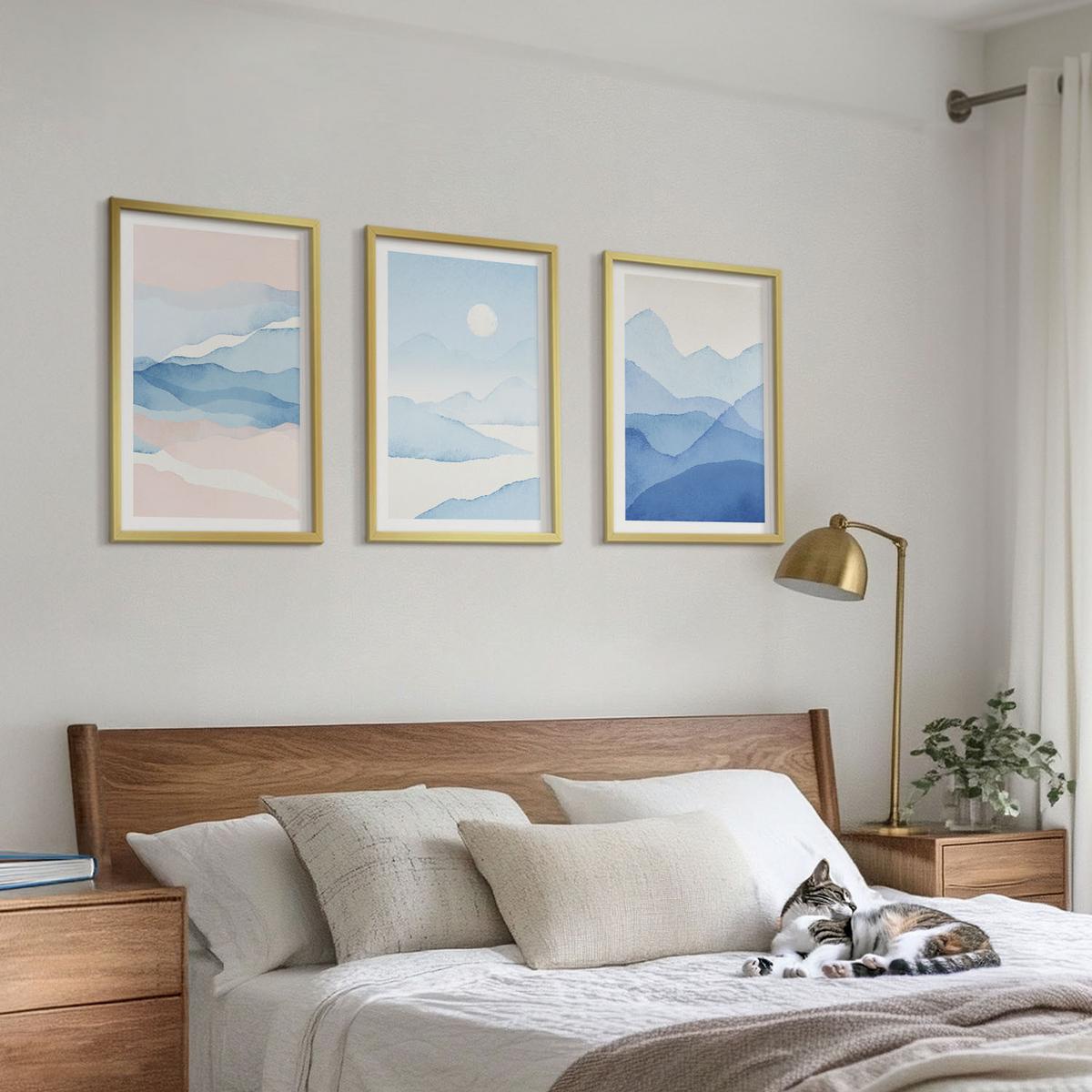 BILDER SET 3er Set - 40x60 cm Goldrahmen - Aquarell: Blau-rosa Berge - Goldfarben, Kunststoff (40/60cm) - TULUP