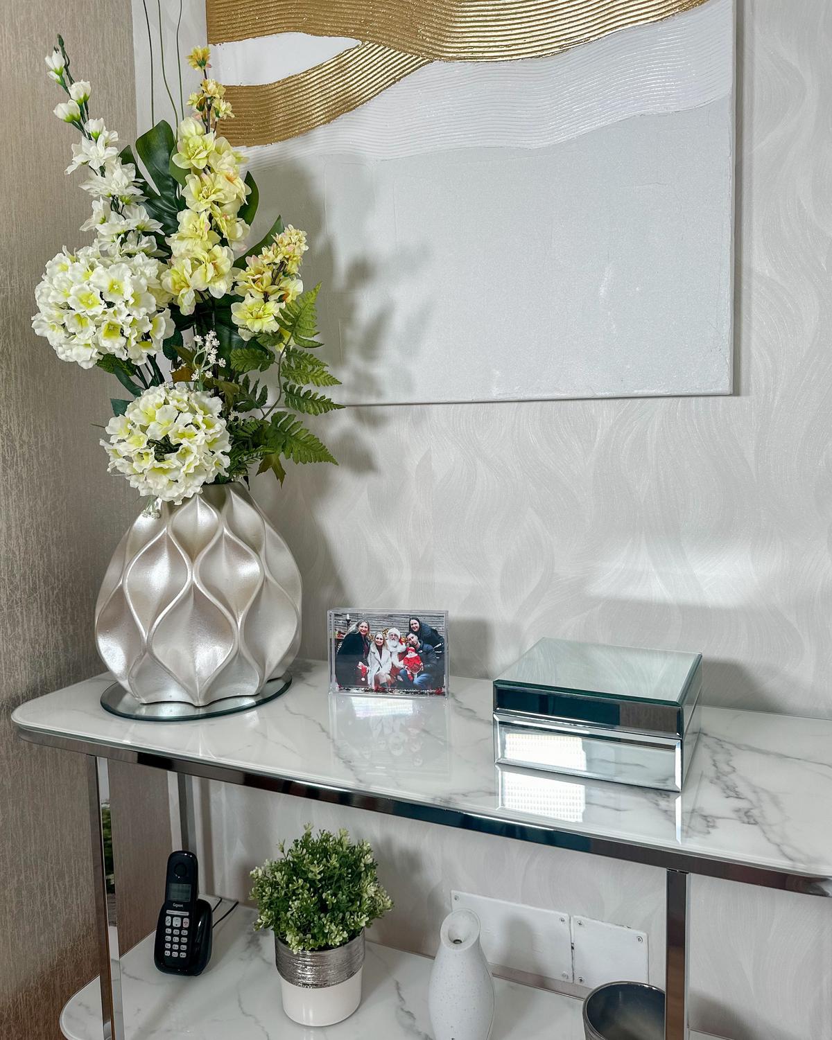 KONSOLENTISCH Marmor Optik weiß/silber Calvert - Silberfarben/Weiß, Glas (35/100/84cm) - Beliani