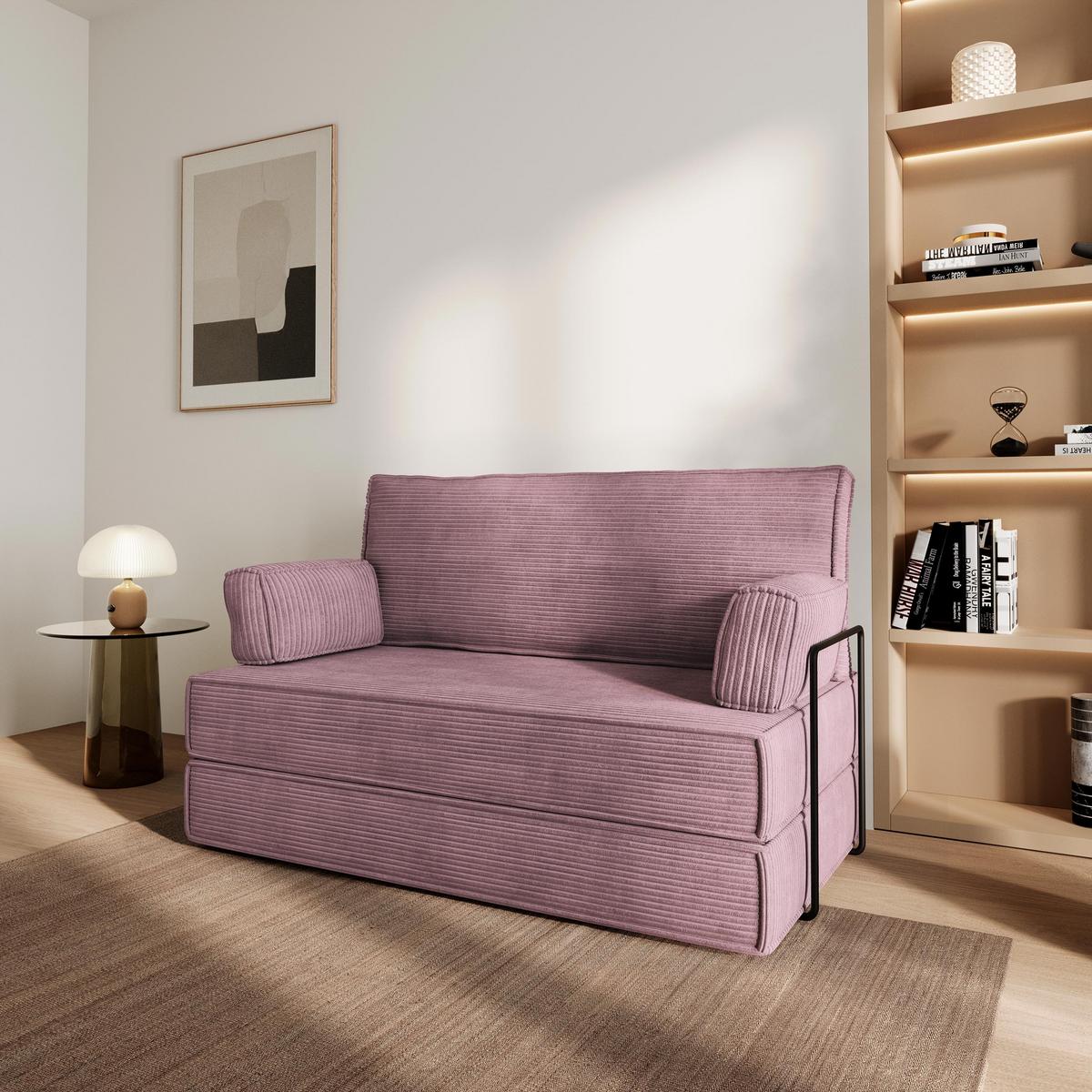 BETTSOFA LADIA aus Schaumstoff Kordstoff Lila Schlaffunktion - Lila, Textil (140/86/60cm) - MASSENO