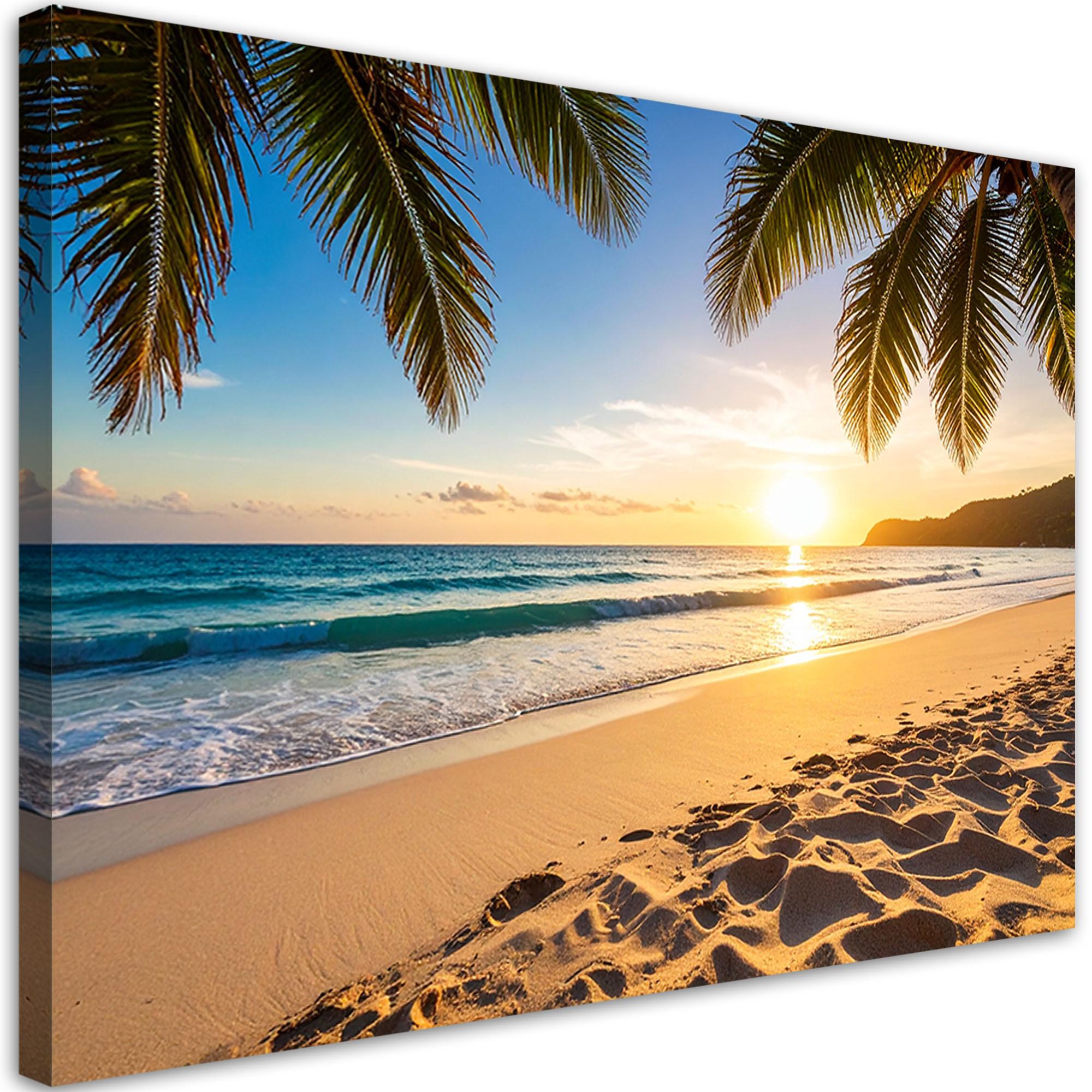 LEINWANDBILD Sonnenuntergang am Strand Palmen 120x80cm - Orange, Textil (120/80cm) - Feeby