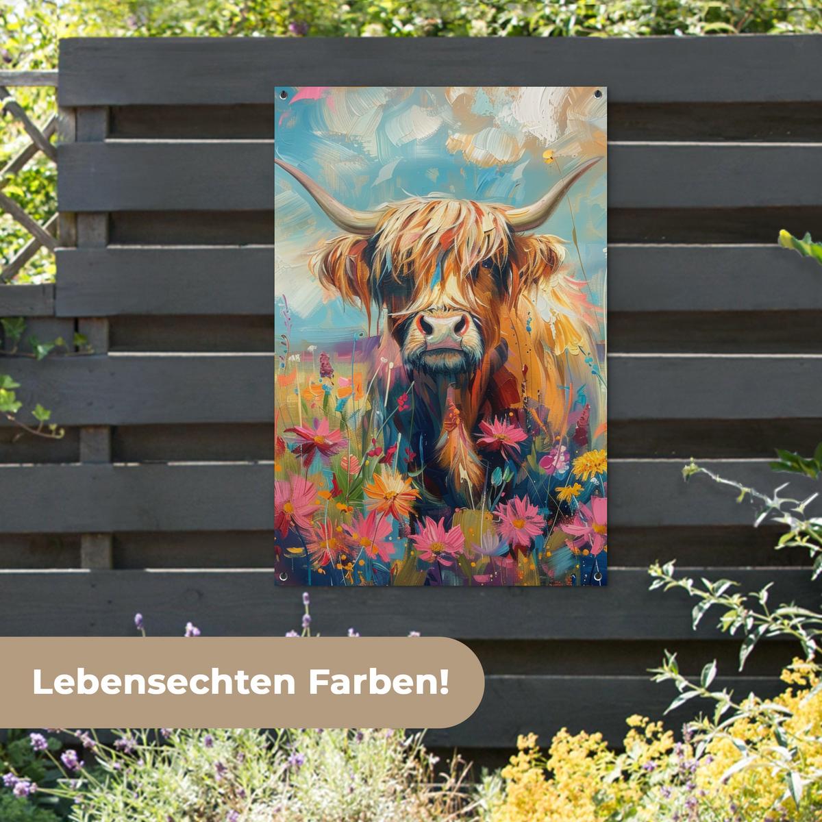 GARTENPOSTER Schottische Hochländer - Natur - Farbenfroh - Blumen Outdoor Bilder 80x120 cm - Hellblau, Kunststoff (80/120/0.2cm) - OnlyWow