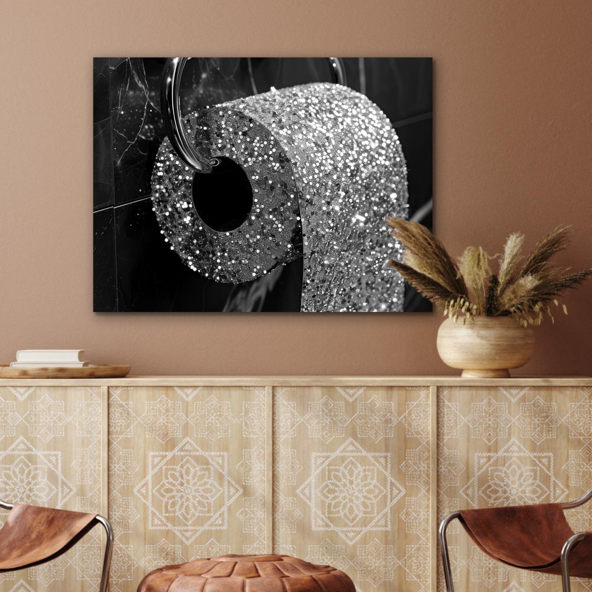 METALLBILD WC - Toilettenpapier - Schwarz und weiß - Glitter 80x60 cm - Silberfarben, Metall (80/60cm) - MuchoWow