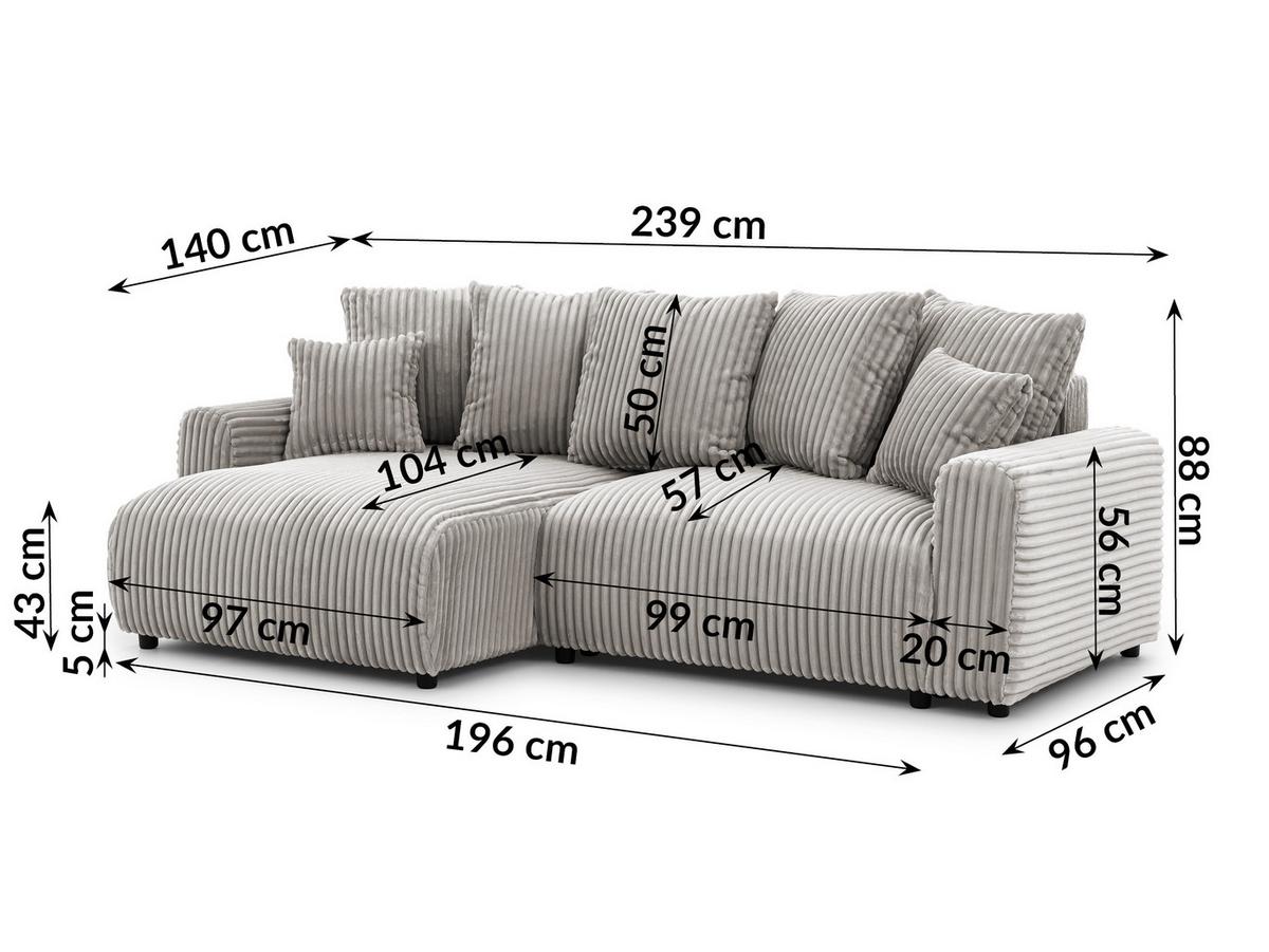ECKSOFA Calma mit Schlaffunktion und Bettkasten im Bumpy-Design aus weichem Taupe Plüschcord - Ottomane links - Taupe/Schwarz, Holz/Kunststoff (239/140cm) - S-Style