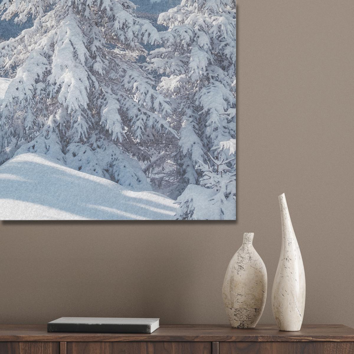 AKUSTIKBILD Winterlandschaft - Natur - Berge - Bäume - Schnee Wandbild Wohnzimmer 100x70 cm - Hellblau, Kunststoff (100/70/0.9cm) - MuchoWow