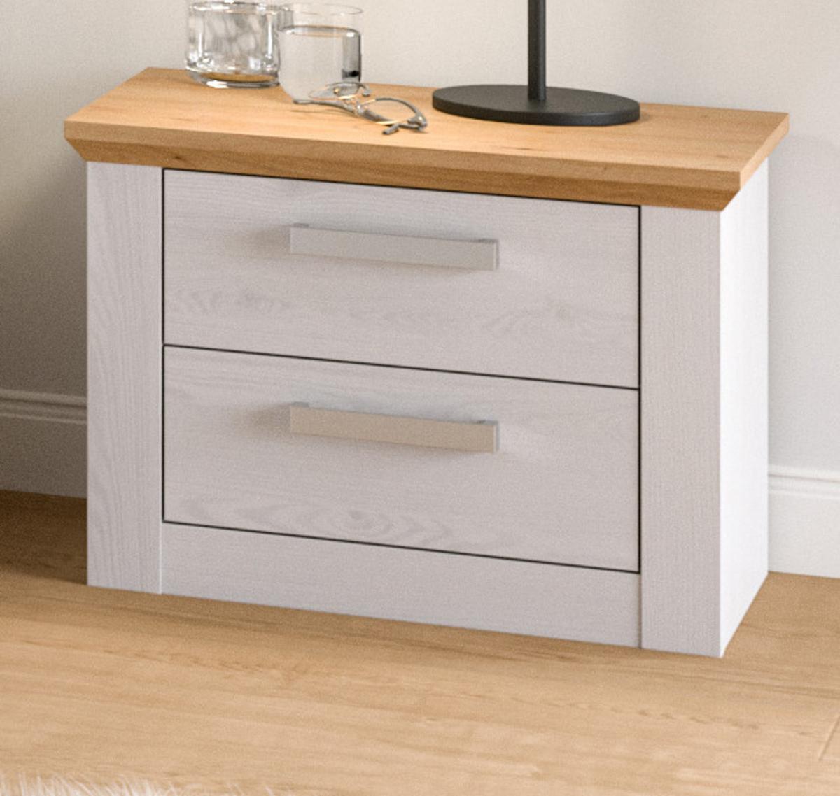 NACHTTISCH weiß Lärche, Eiche Artisan Landhaus 56 x 43 cm, Nachtkommode mit Schubkästen - Eichefarben/Silberfarben, Holzwerkstoff/Kunststoff (56/43/39cm) - Inn.Furn