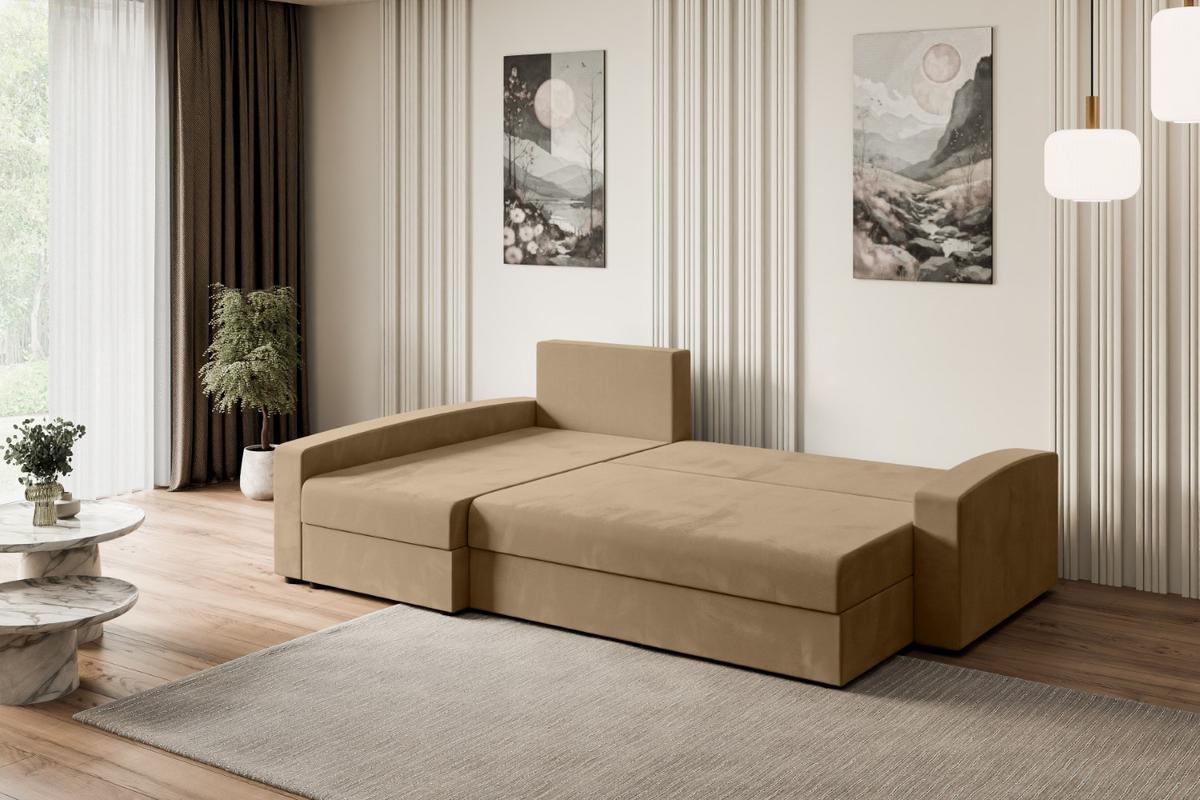 ECKSOFA mit Schlaffunktion und Bettkasten ALESIA-L 231x140x90 cm Beige Velours - Ecru/Beige, Holzwerkstoff/Kunststoff (231/140cm) - ALTDECOR