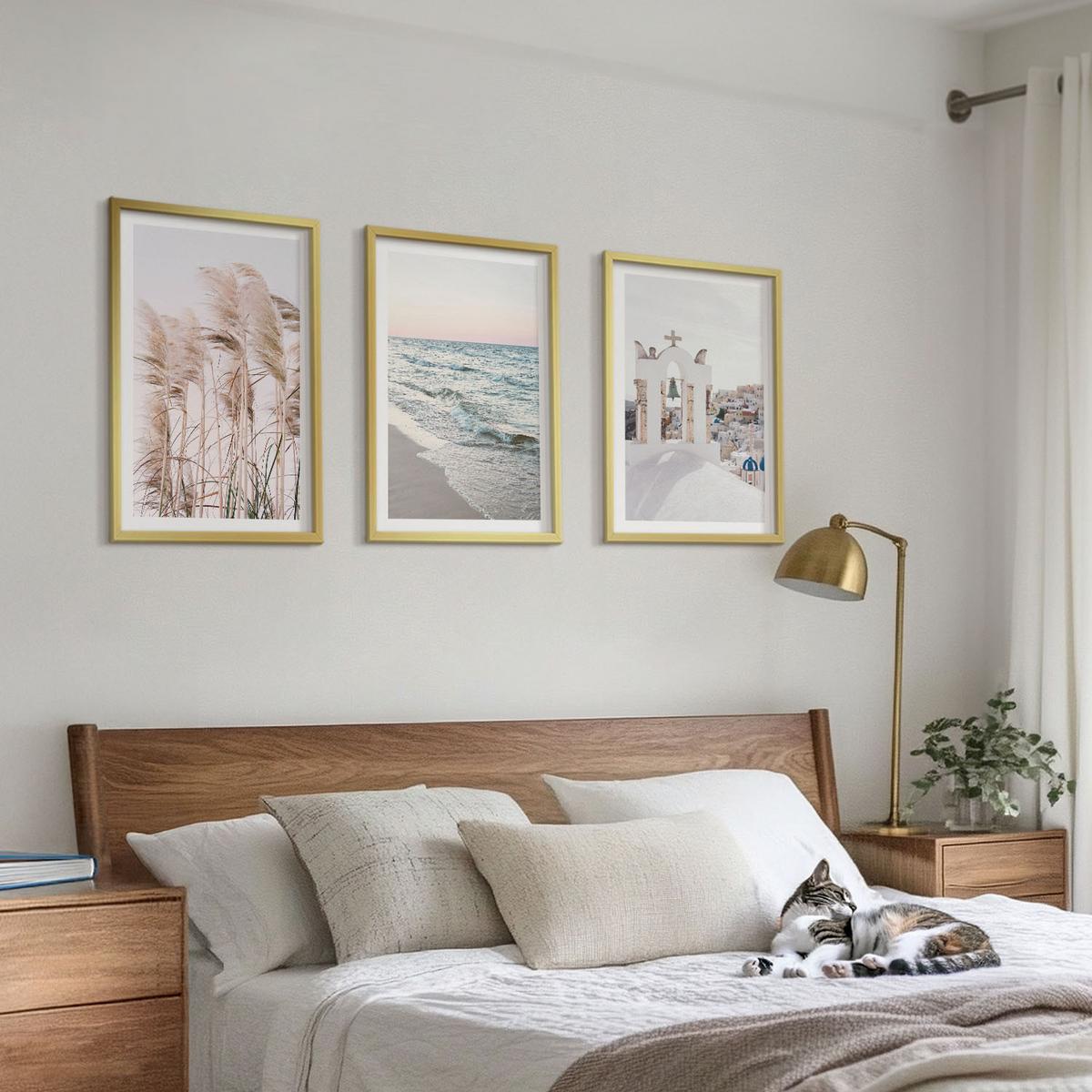BILDER SET 3er Set - 40x60 cm Goldrahmen - Pflanzen, Meereswellen, Aussicht, Häuser - Goldfarben, Kunststoff (40/60cm) - TULUP