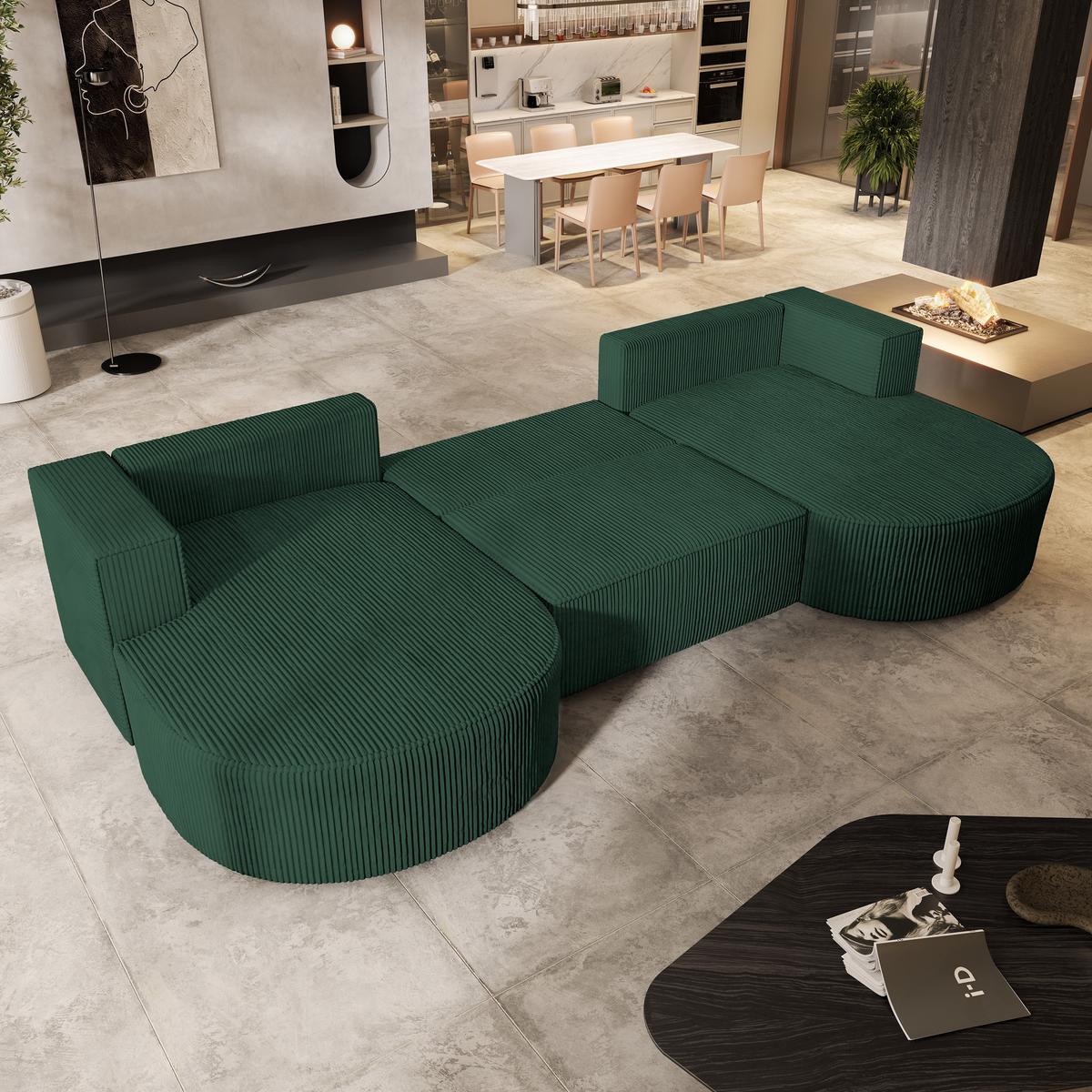 WOHNLANDSCHAFT VEZZO P Grün Kordstoff mit Schlaffunktion - Grau/Grün, Holz/Kunststoff (347/85/174cm) - MASSENO