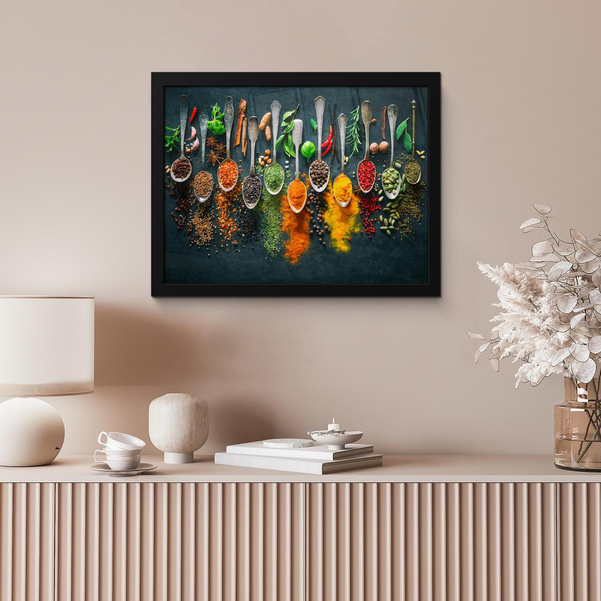 POSTER MIT RAHMENGERAHMTES BILD Kräuter - Gewürze - Löffel 40x30 cm - Currygelb, Papier (40/30cm) - MuchoWow