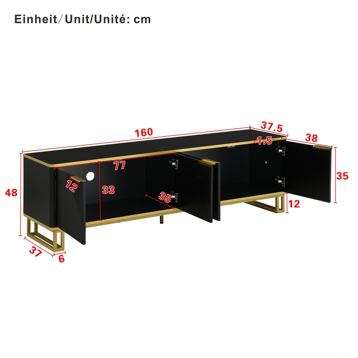 TV-LOWBOARD Schwarz & Gold mit 4 Türen Geometrisches Design 160cm - Schwarz, Holzwerkstoff (160/48/37.5cm) - Urban Meuble