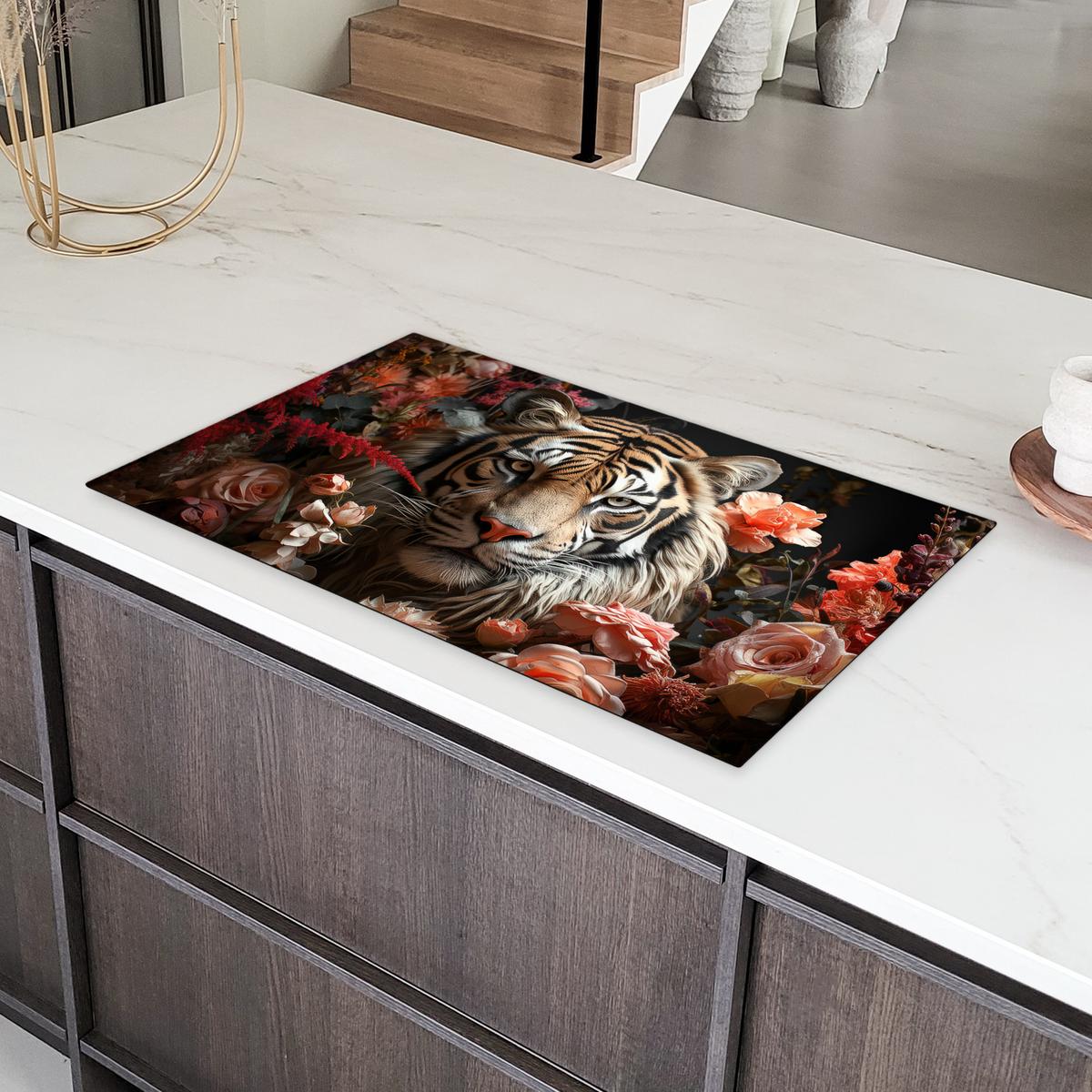 HERDABDECKPLATTE Tiger - Tier - Natur - Floral - Botanisch Ceranfeldabdeckung 90x52 cm - Orange, Kunststoff (90/52/0.2cm) - MuchoWow