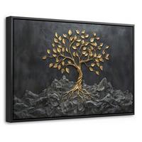 LEINWAND Bilder mit Rahmen - Blätter - Gold - Baum - Fels - 30x20 - Schwarz, Textil (30/20cm) - MuchoWow