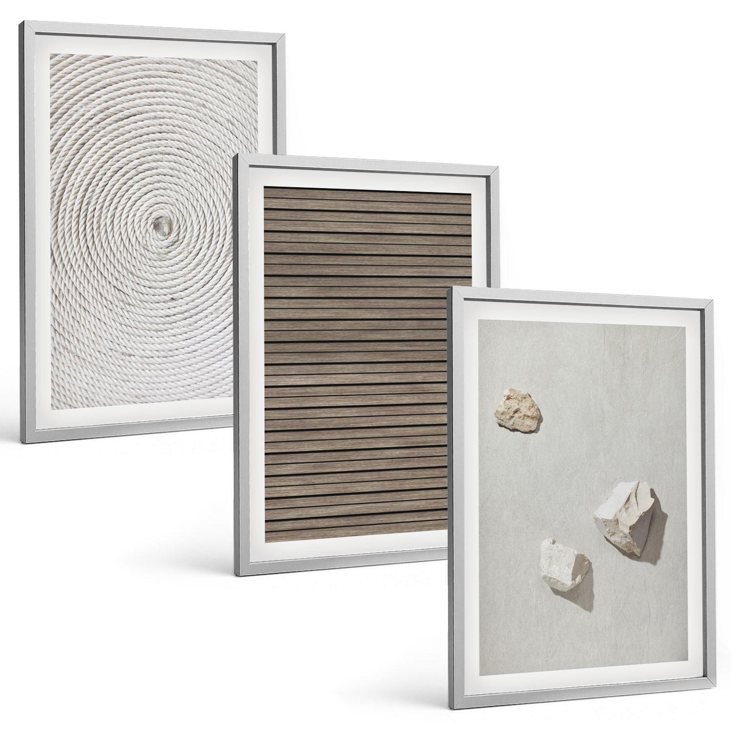 BILDER SET 3er Set - 40x60 cm Silberner Rahmen - Natürliche Texturen Holz Stein - Silberfarben, Kunststoff (40/60cm) - TULUP