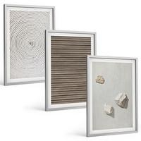 BILDER SET 3er Set - 40x60 cm Silberner Rahmen - Natürliche Texturen Holz Stein - Silberfarben, Kunststoff (40/60cm) - TULUP