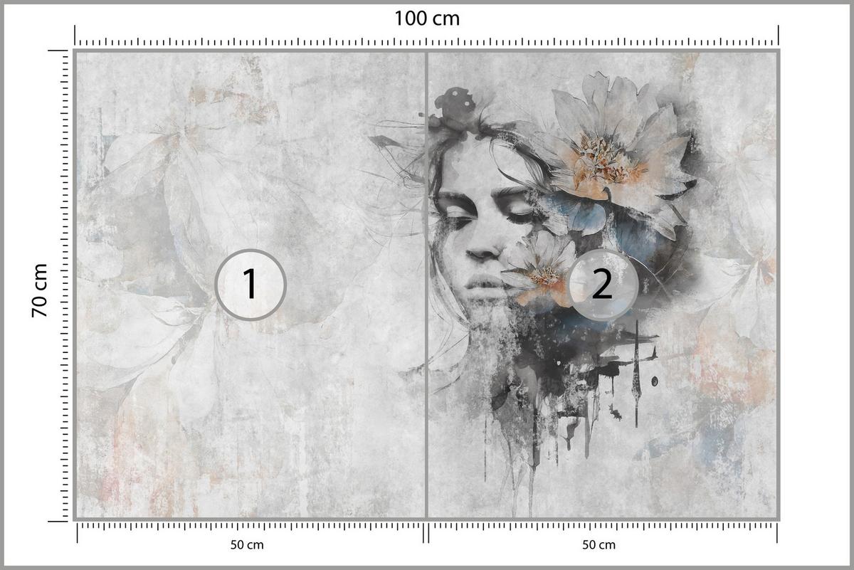 FOTOTAPETE für Wohnzimmer Gesicht Frau Grau Betonwand Blumen 100x70 - Grau, Papier (100/70cm) - Muralo