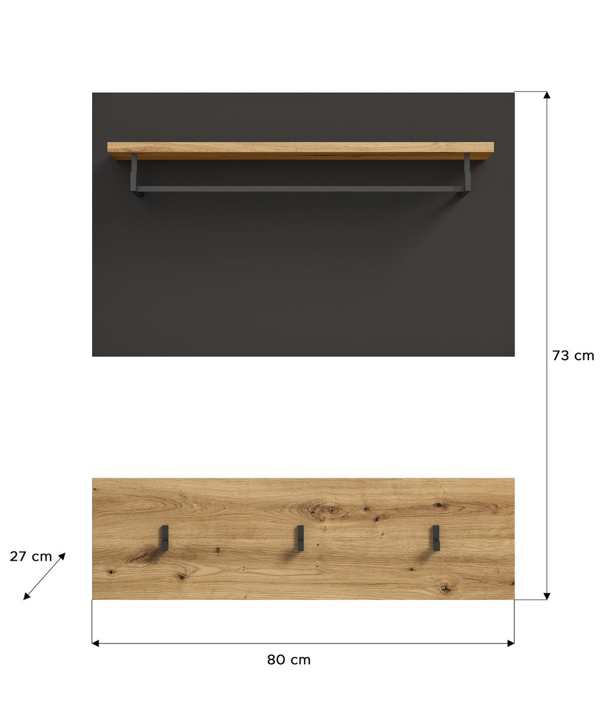 GARDEROBENPANEEL Set mit Garderobenleiste Eiche Artisan, grau 80 cm - Eiche Artisan/Grau, Holzwerkstoff/Metall (80/73/27cm) - Inn.Furn