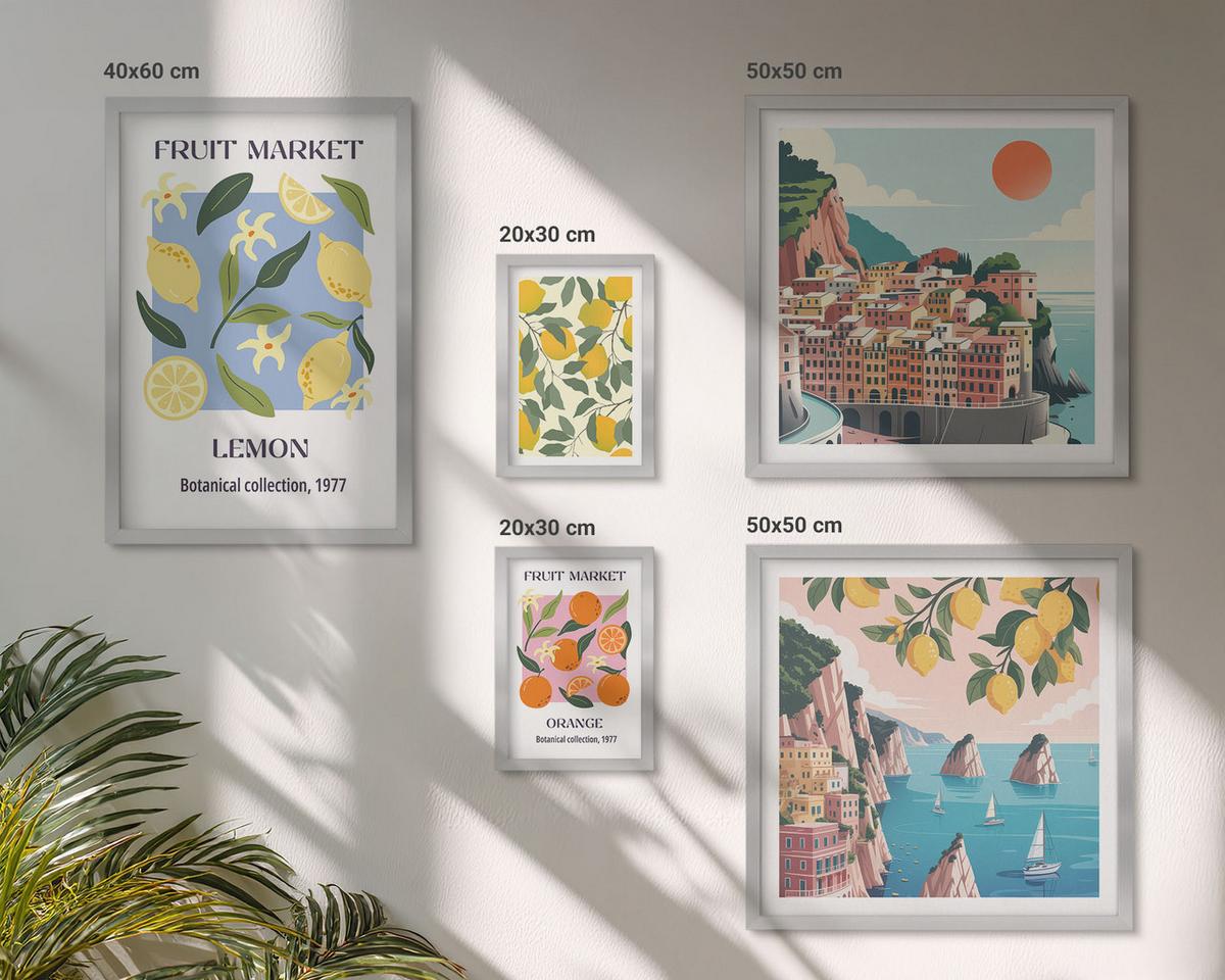 BILDER SET 5er Set - 50x50 cm & 20x30 cm & 40x60 cm Silberner Rahmen - Italienische Zitronenurlaube Capri - Silberfarben, Kunststoff (40/60cm) - TULUP