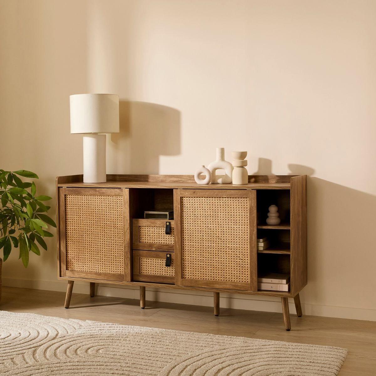 SIDEBOARD mit 2 Türen und 2 Schubladen mit Rattanfronten 39/140/80 cm - Apfelbaumfarben, Holzwerkstoff (39/80/140cm) - Calicosy
