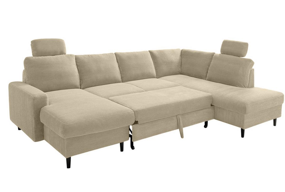 WOHNLANDSCHAFT mit Schlaffunktion Bettkasten Wellenunterfederung, 2 Kopfstützen, U-Form B305/T200/H88 cm, Cord Beige Grau / 17205 - Greige/Schwarz, Holz/Textil (305/88/200cm) - luma-home