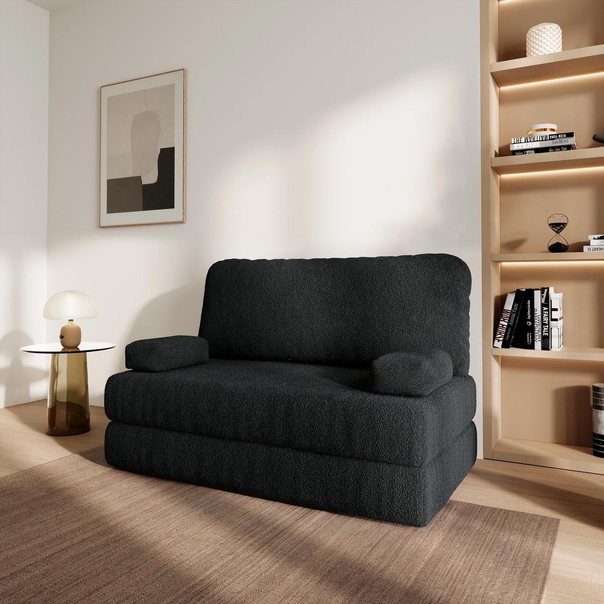 BETTSOFA KESTE aus Schaumstoff Bucle-Stoff Schwarz Schlaffunktion - Schwarz, Textil (140/86/60cm) - MASSENO