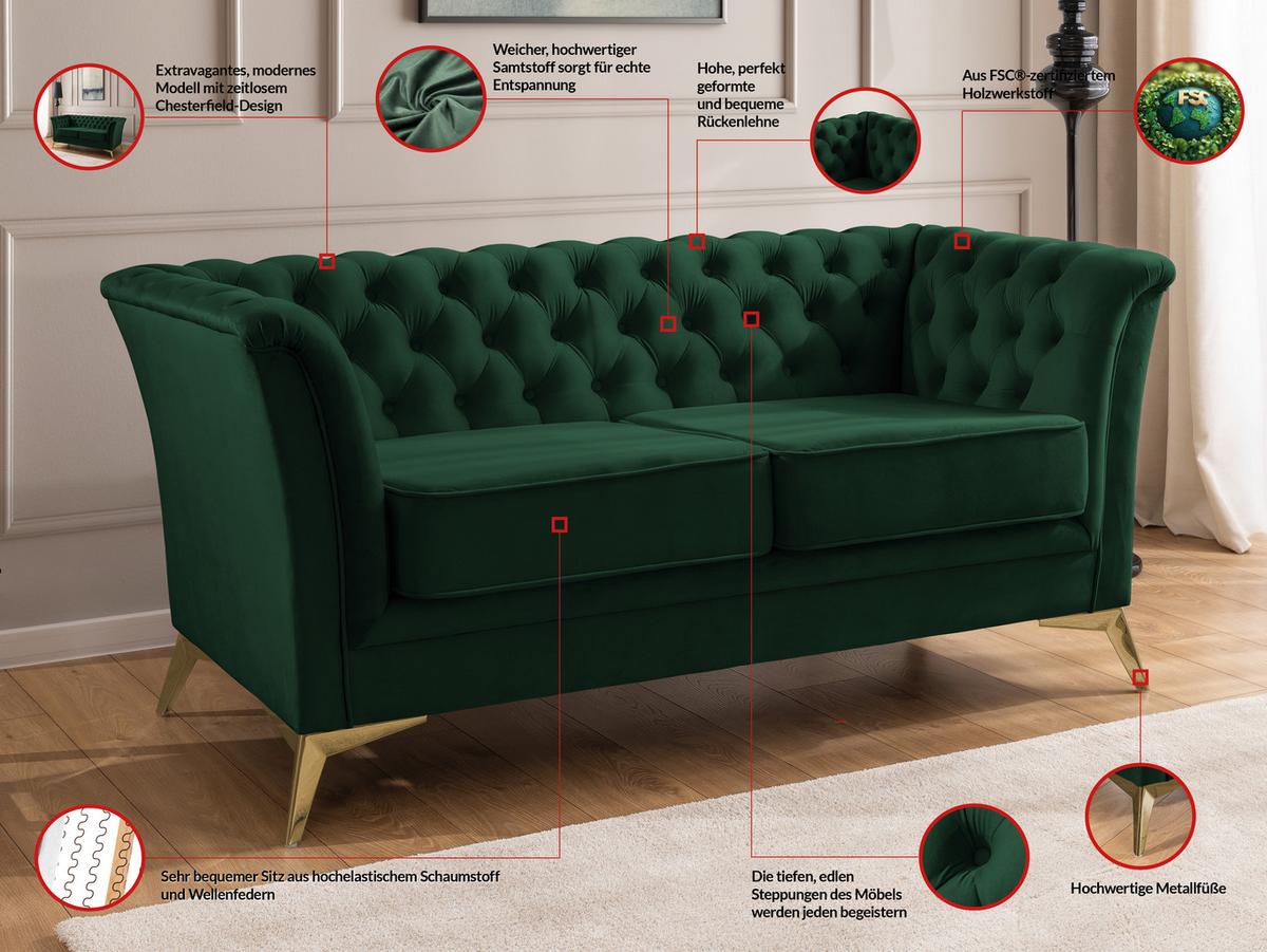 CHESTERFIELD-SOFA 2-sitzer Whitby Flaschengrün Samt mit goldenen Füßen - Dunkelgrün/Goldfarben, Holz/Textil (175/78/82cm) - S-Style Möbel