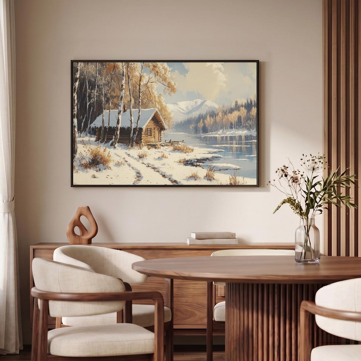 LEINWAND Bilder mit Rahmen - Winter - Schnee - Zuhause - Natur - 90x60 - Hellbraun, Textil (90/60cm) - MuchoWow