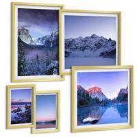 BILDER SET 5er Set - 50x50 cm & 20x30 cm & 40x60 cm Goldrahmen - Berglandschaften, Sonnenuntergang, Wasser - Goldfarben, Kunststoff (40/60cm) - TULUP