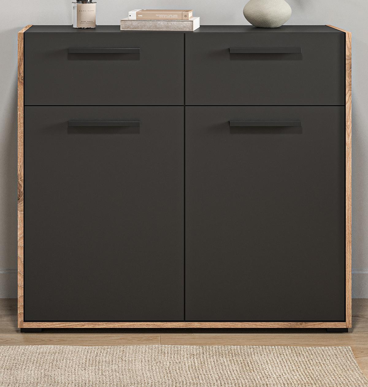 SCHUHSCHRANK grau, Nox Eiche 95 cm, Kommode mit 2 Schubkästen mit Vollauszug - Eichefarben/Schwarz, Holzwerkstoff/Kunststoff (95/86/37cm) - Inn.Furn