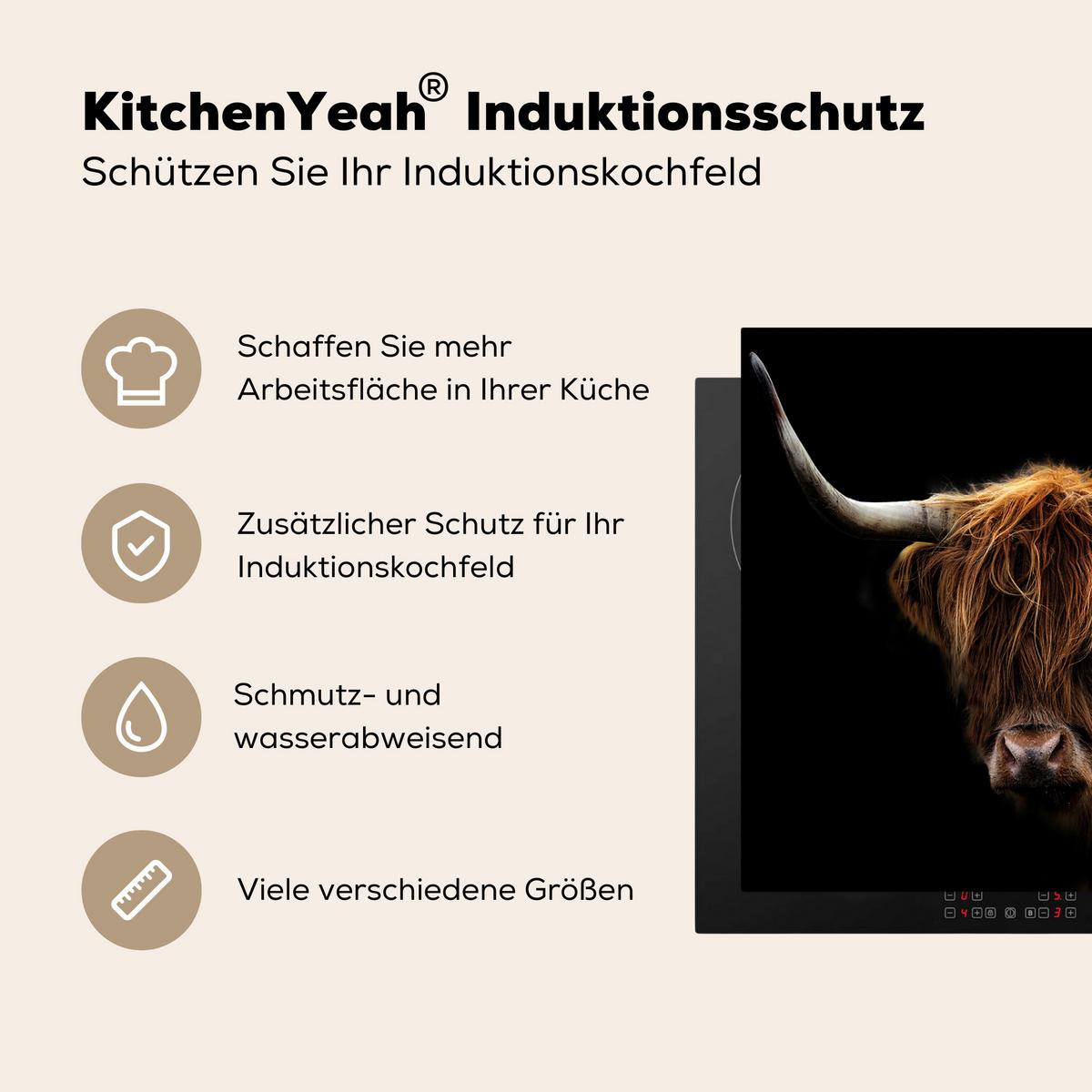 HERDABDECKPLATTE Schottischer Highlander - Hörner - Schwarz - Tiere - Natur - Wild - Kuh Abdeckung Ceranfeld 59x51 cm - Cognac, Kunststoff (59/51/0.2cm) - MuchoWow