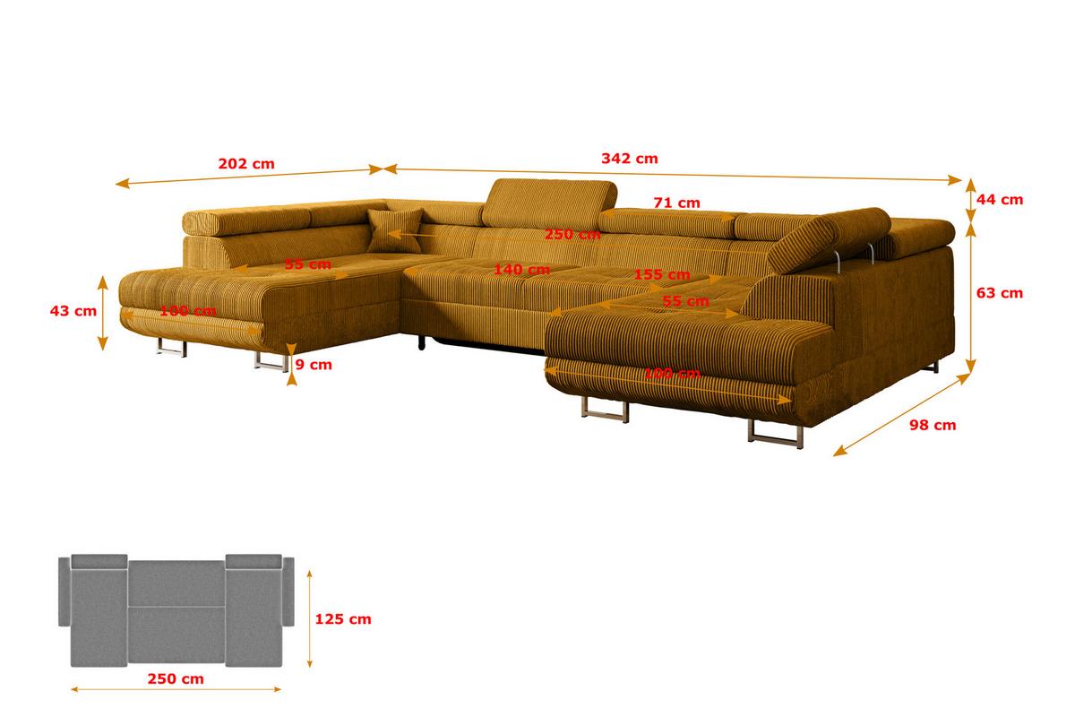 WOHNLANDSCHAFT mit Schlaffunktion und Bettkasten GUSA-U 342x202x107 cm Senfgelb Cord - Gelb/Silberfarben, Holzwerkstoff/Textil (342/107/202cm) - ALTDECOR