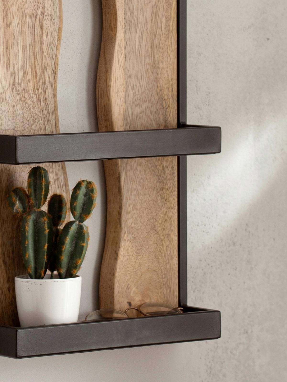 WANDREGAL Mango Massivholz Metall Industrial Stil 30x80x10 cm Rechteckig mit 4 Ablagen und Wellenmuster - Braun, Holz (80/30/10cm) - KADIMA DESIGN