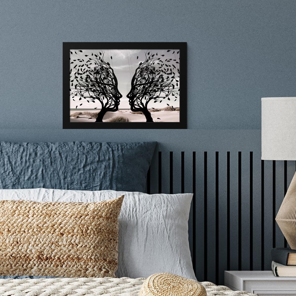 POSTER MIT RAHMENGERAHMTES BILD Strand - Meer - Menschen - Baum - Moderne Kunst 30x20 cm - Hellgrau, Papier (30/20cm) - MuchoWow