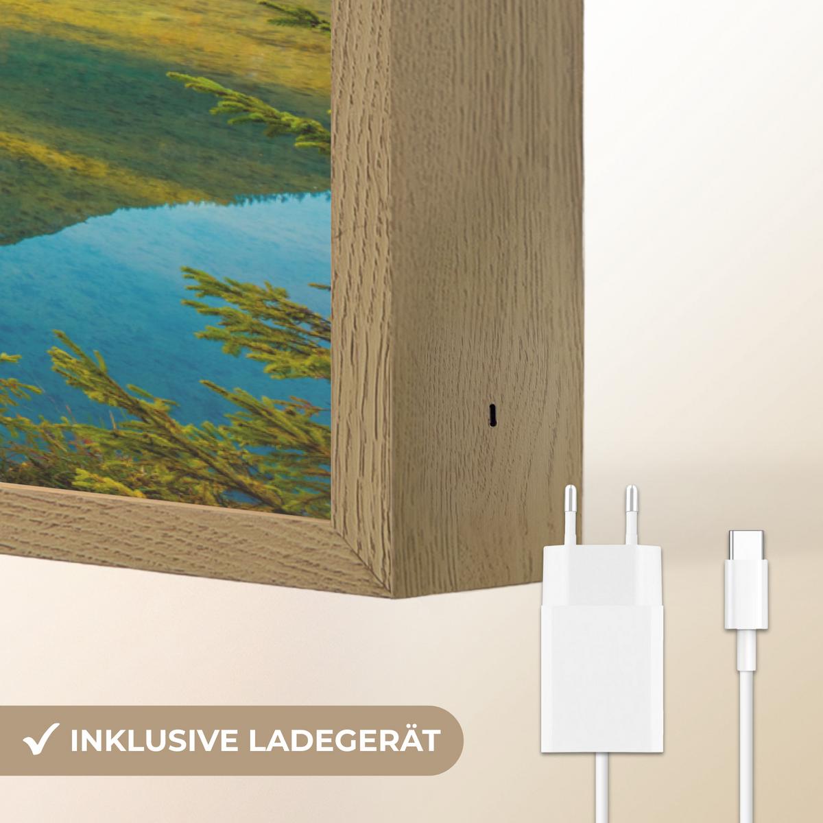 WANDLEUCHTE MIT AKKU See - Wald - Berge - Natur - Sonne - Landschaft 100x70 cm - Grün, Holzwerkstoff (100/70/8cm) - OnlyWow