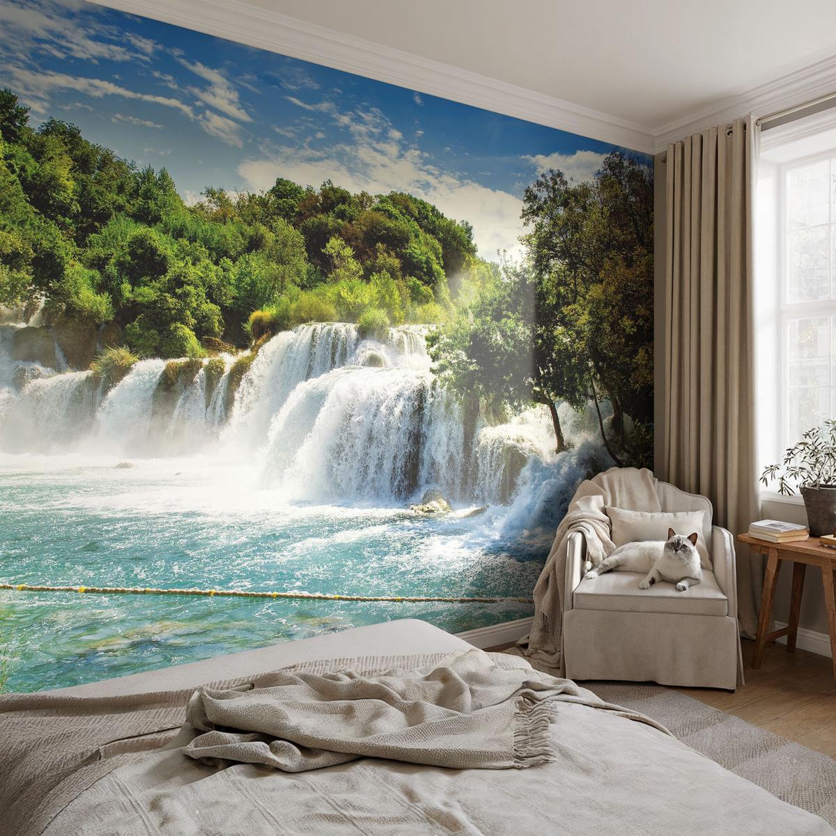 FOTOTAPETE 250x104 cm - Ein atemberaubender Wasserfall - Grün, Textil (250/104cm) - Wallfluent