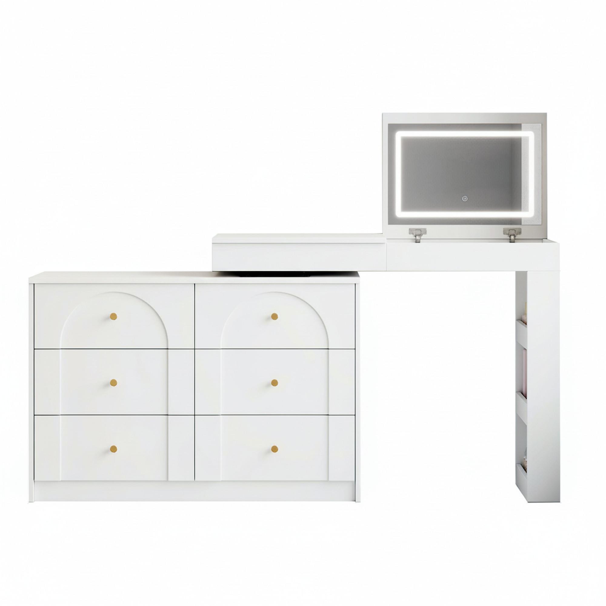 SCHMINKTISCH 2-in-1 Schreibtisch (drehbar) in Weiß mit LED-Spiegel & 7 Schubladen - Weiß, Holzwerkstoff (105/80/40cm) - Urban Meuble