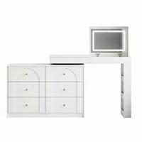 SCHMINKTISCH 2-in-1 Schreibtisch (drehbar) in Weiß mit LED-Spiegel & 7 Schubladen - Weiß, Holzwerkstoff (105/80/40cm) - Urban Meuble