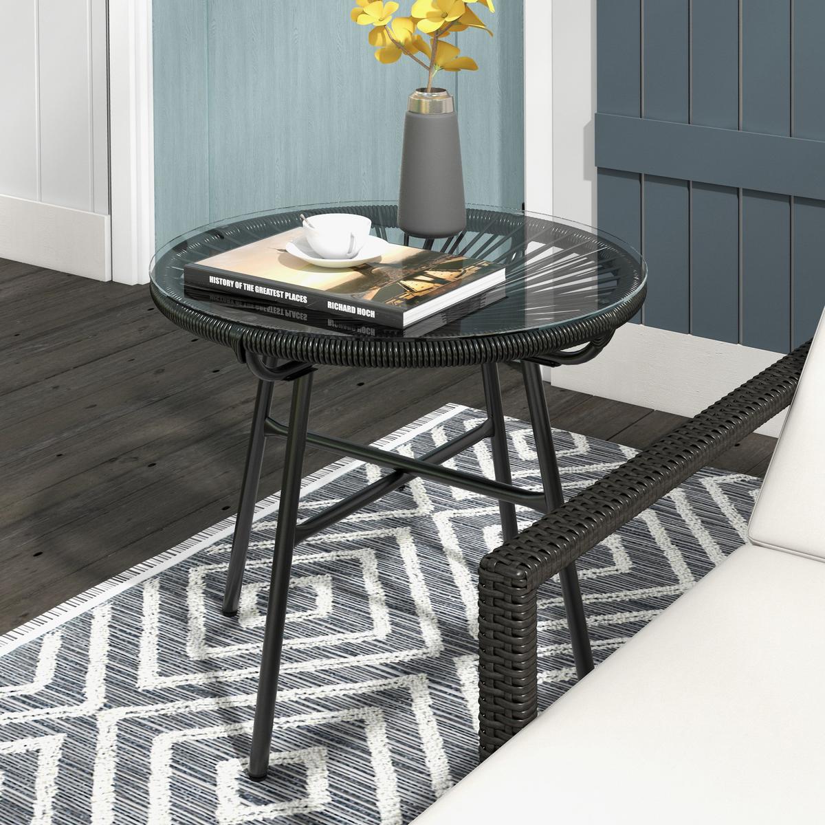 BALKONTISCH, Schwarz, Metall, PE Rattan - Schwarz, Kunststoff (50/50/50cm) - Outsunny