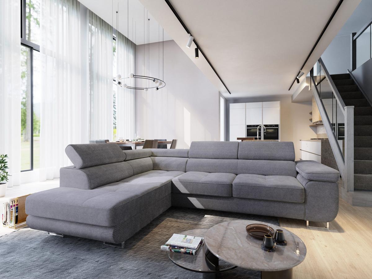 ECKSOFA APIRO L-S Grau Kordstoff mit Schlaffunktion - Silberfarben/Grau, Holz/Textil (276/202cm) - MASSENO