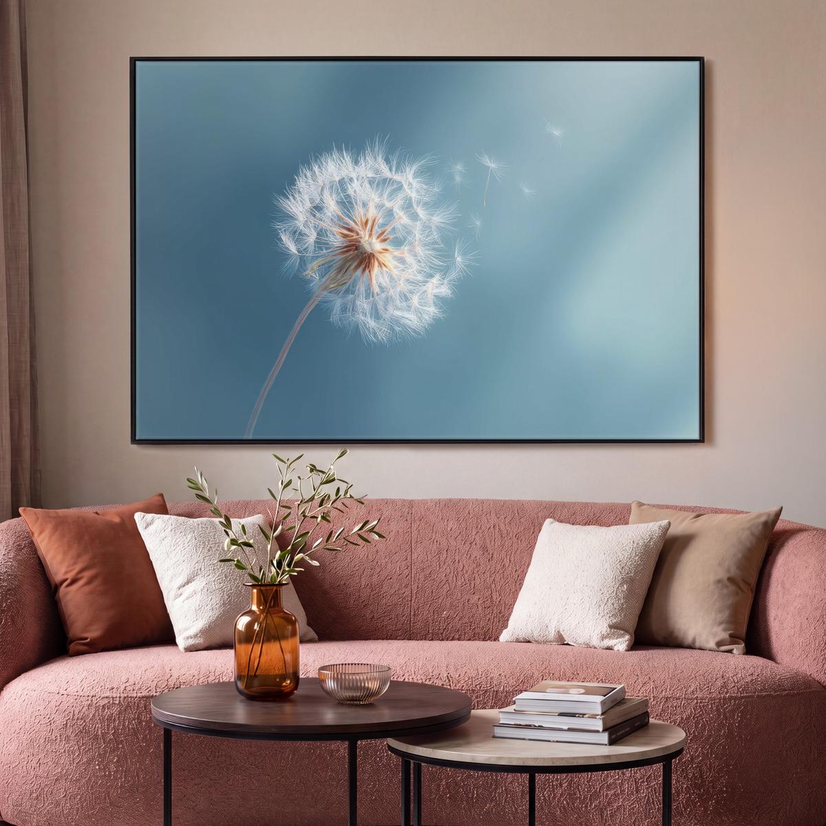 LEINWAND Bilder mit Rahmen - Löwenzahn - Wind - Blau - 150x100 - Blaugrau, Textil (150/100cm) - MuchoWow