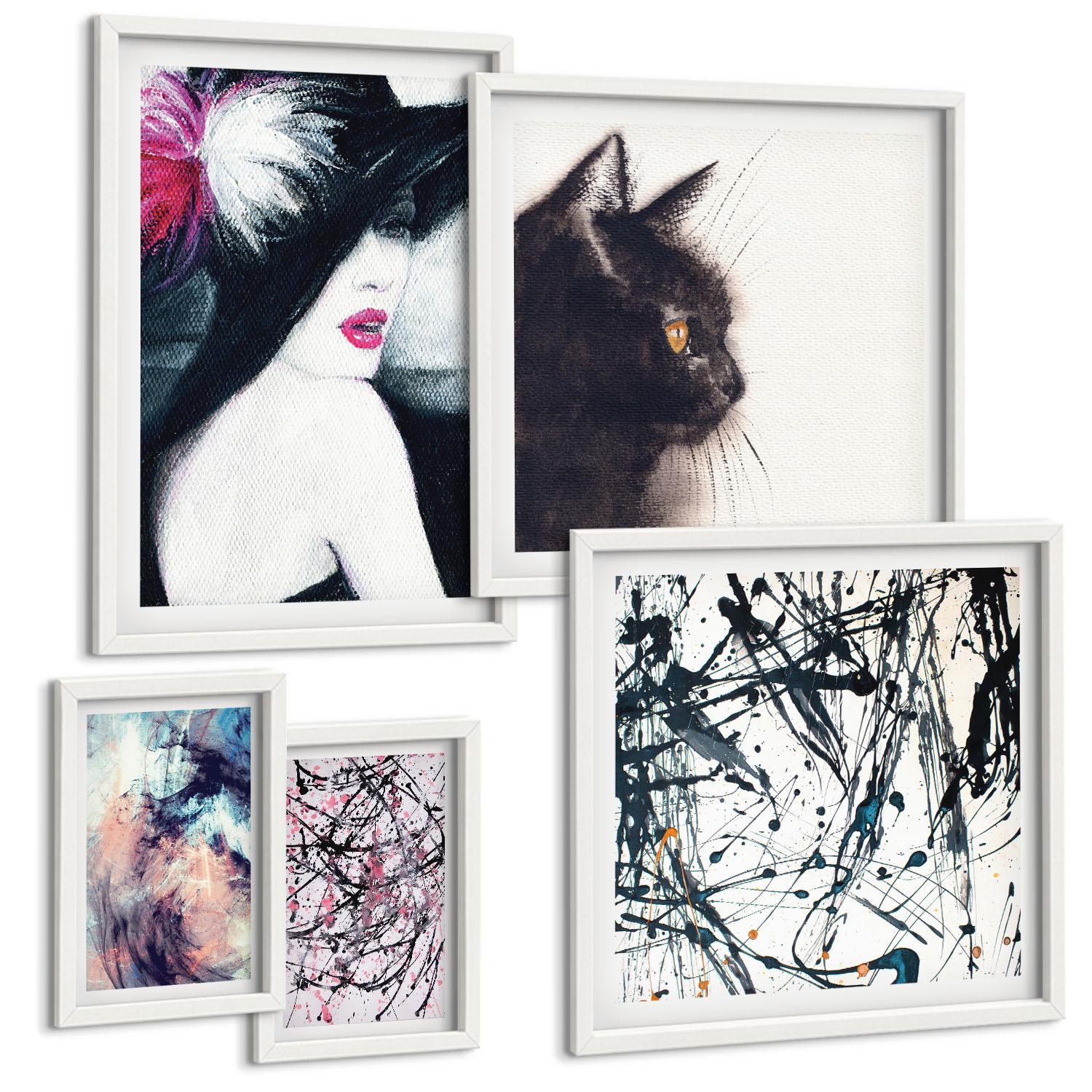 BILDER SET 5er Set - 50x50 cm & 20x30 cm & 40x60 cm Weißer Rahmen - Hintergrundmuster mit Pastellblumen - Weiß, Kunststoff (40/60cm) - TULUP