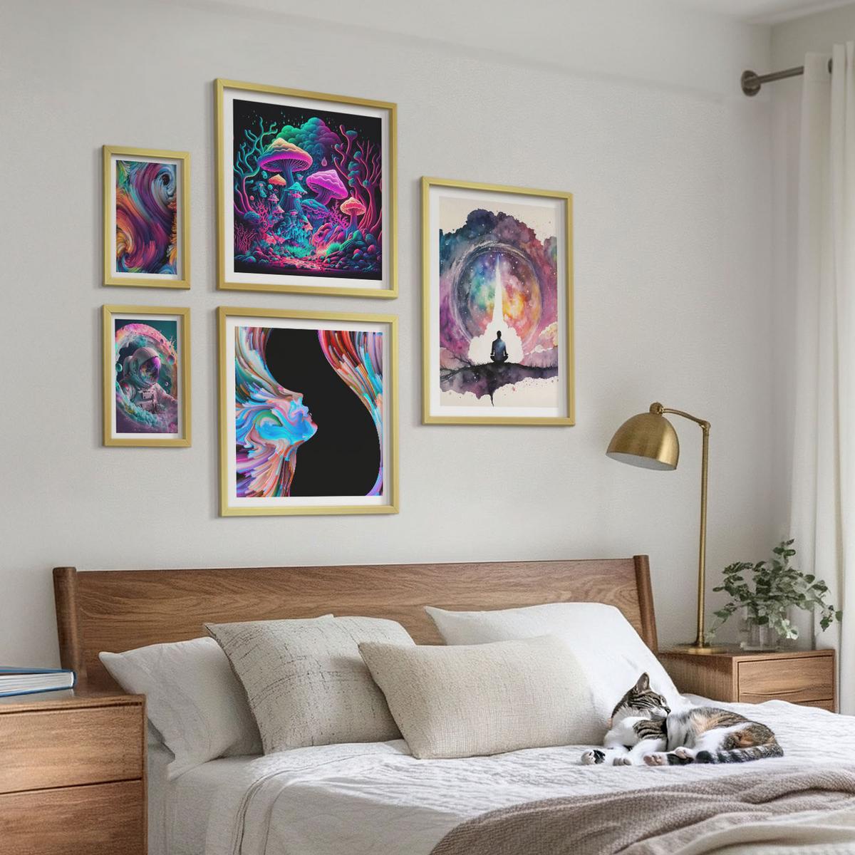 BILDER SET 5er Set - 50x50 cm & 20x30 cm & 40x60 cm Goldrahmen - Farbenfrohe Fantasy-Kunstillustrationen - Goldfarben, Kunststoff (40/60cm) - TULUP