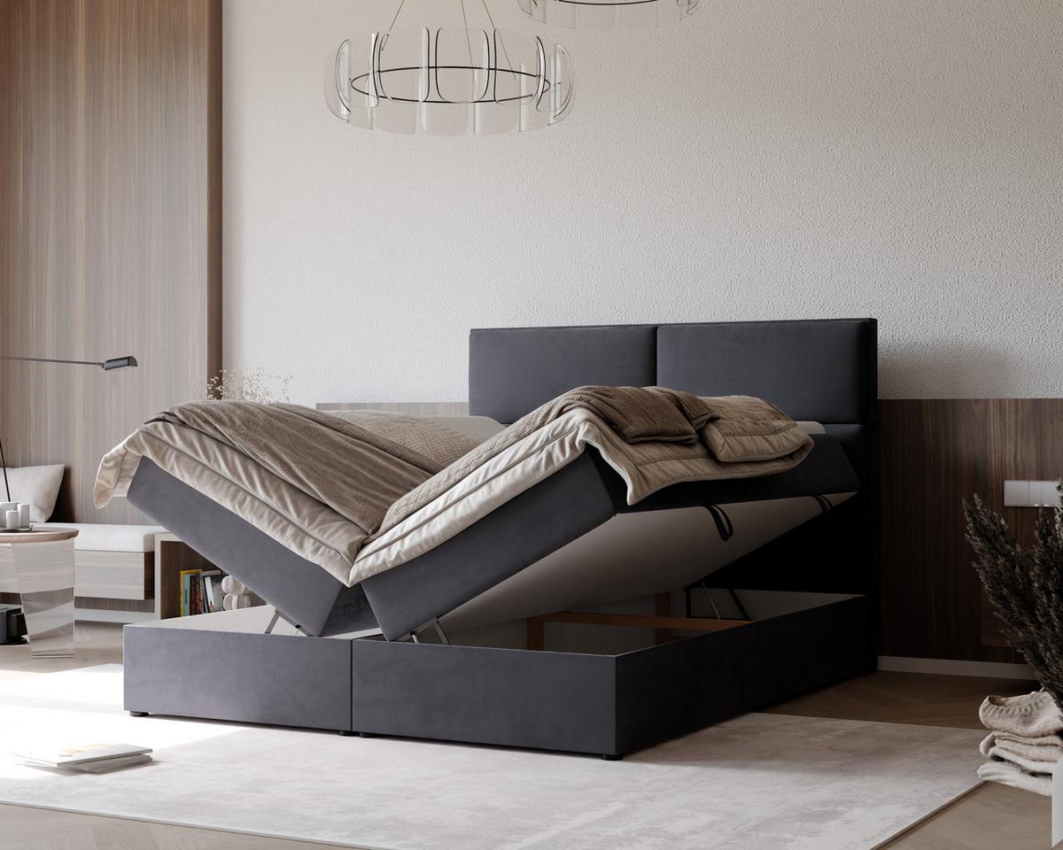 BOXBETT ORFEO 180/200 cm mit Matratze und Topper, Dunkelgrau - Dunkelgrau, Textil (180/200cm) - Idohome